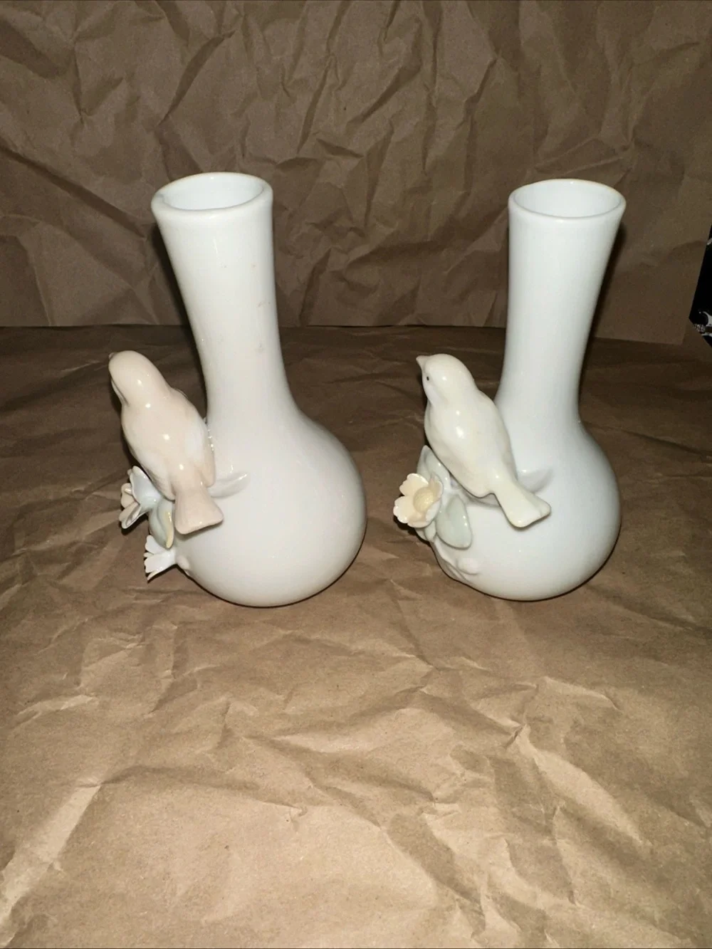 1985 Porcelain Bird Bud Vases in White - Set of 2 made in Taiwan